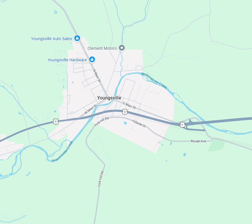 Clean stylized architectural site map of Youngsville, PA